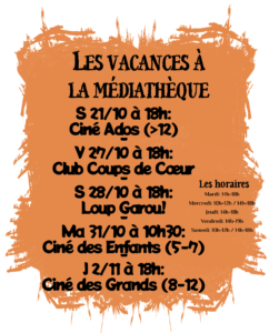 programme de la médiathèque pour les vacances de Novembre